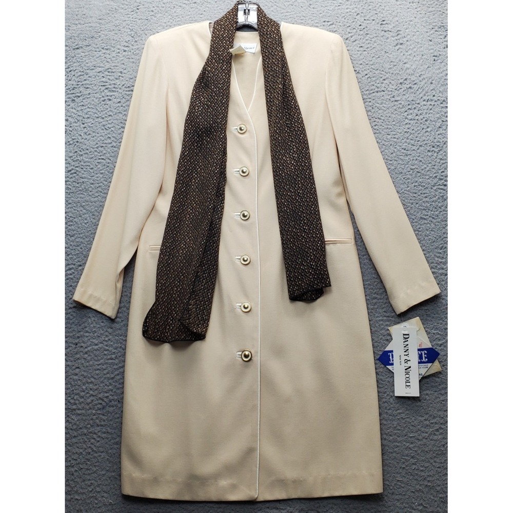 Danny & Nicole Long Coat With Scarf Womens Petite 8 Tan Piped Trim Shoulder Pads